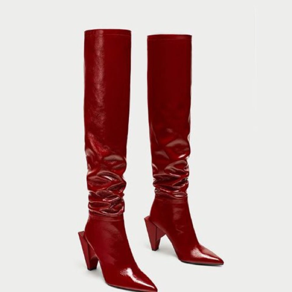 SOLD! NWT Zara Red Patent Leather Knee High Boots - Picture 3 of 8
